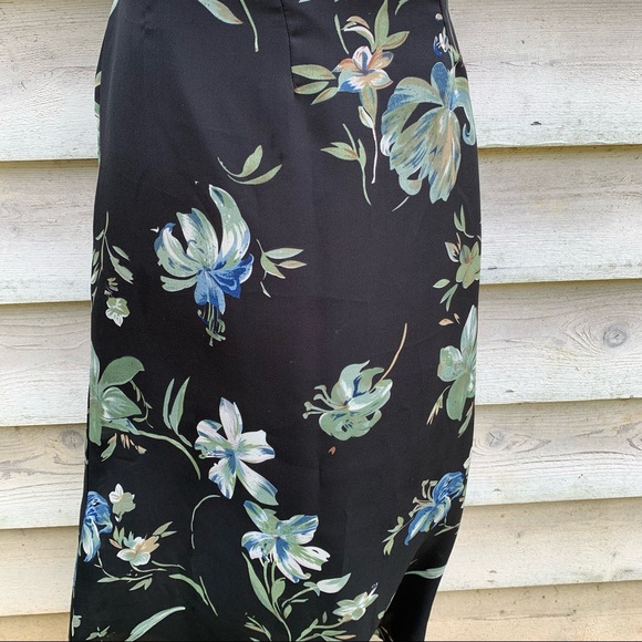 Vintage 90s Black Floral Print Elastic High Waist Sheer Ankle Length Midi Skirt - Picture 8 of 16